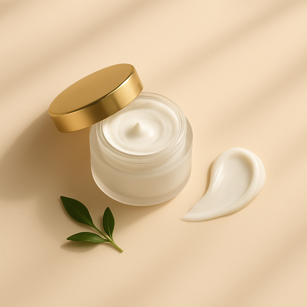 Open white cream jar with a gold lid and a swirled dollop of moisturizer beside a green leaf