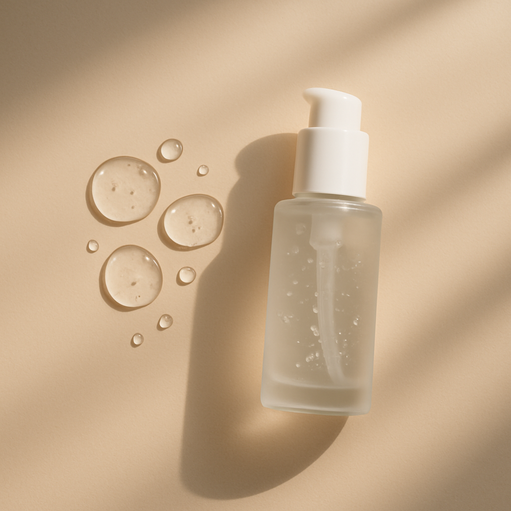 Frosted glass pump bottle with clear hydrating gel and dewy droplets on a warm cream background