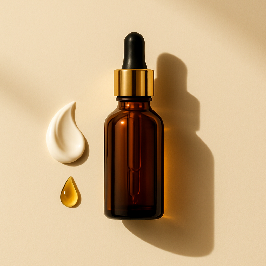 Luxury amber glass serum bottle on a warm cream background